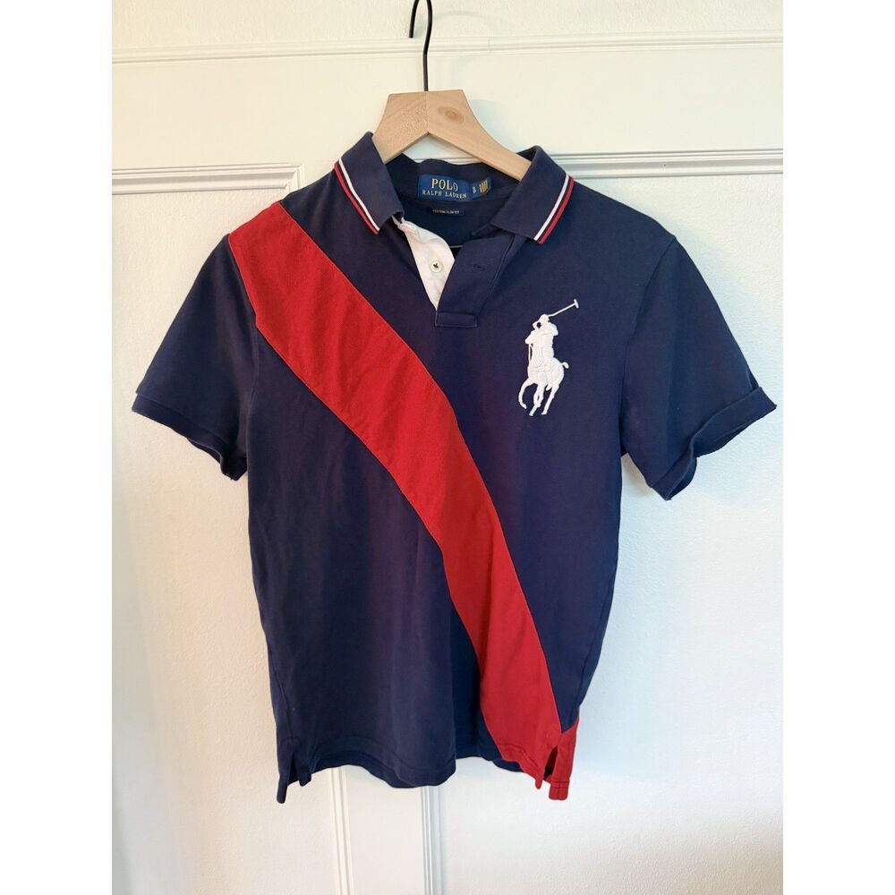 Polo Ralph Lauren Big Pony Polo Shirt Mens Small Navy Red Stripe Custom Slim Fit